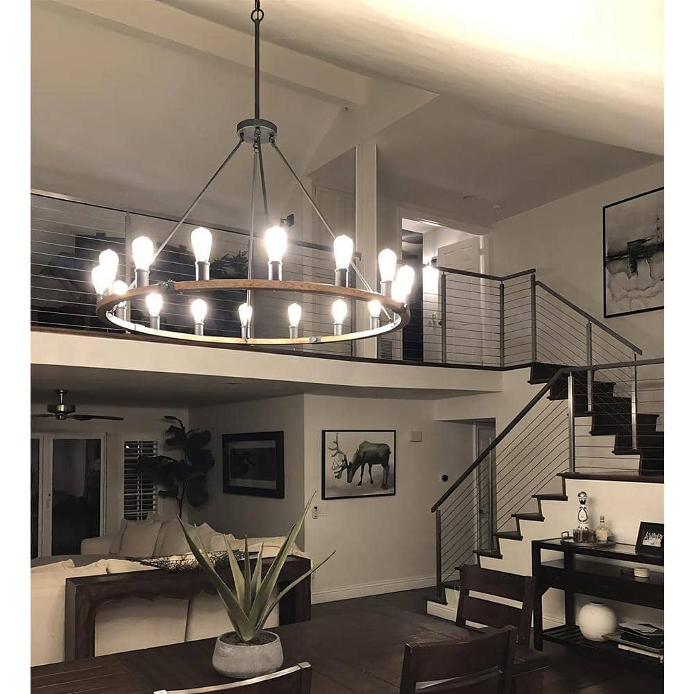 Jericho 48" Black and Oak Wagon Wheel Chandelier