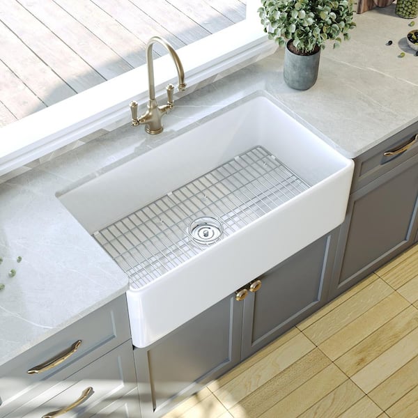DEERVALLEY White Fireclay 33 in. L Rectangular Single Bowl Farmhouse Apron Kitchen Sink with Grid and Strainer