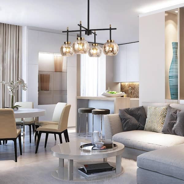 4-Light Modern Black Chandelier with Mercury Glass, Island Pendant Lights for Kitchen Island, Brass Farmhouse Chandelier