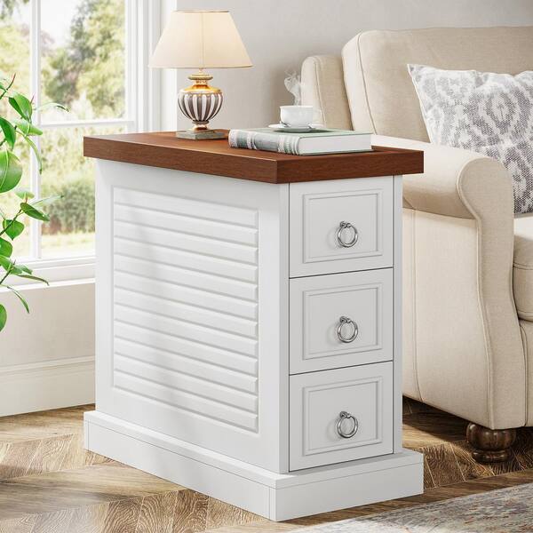 BYBLIGHT Kerlin 23.62 in. Walnut and White Rectangle Wood Side Table Cabinet Farmhouse End Table Nightstand with 3 Drawer BB XK00695HY
