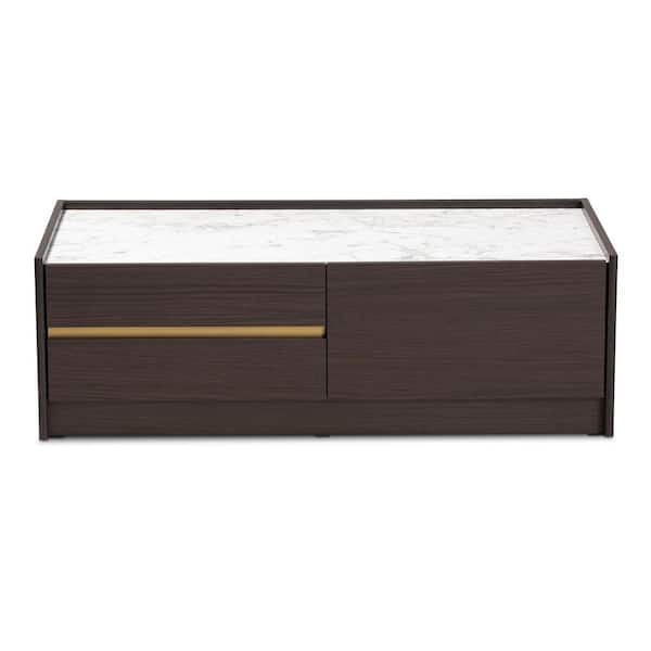 Baxton Studio Walker Dark Brown and Gold Finished Wood Coffee Table with Faux Marble Top
