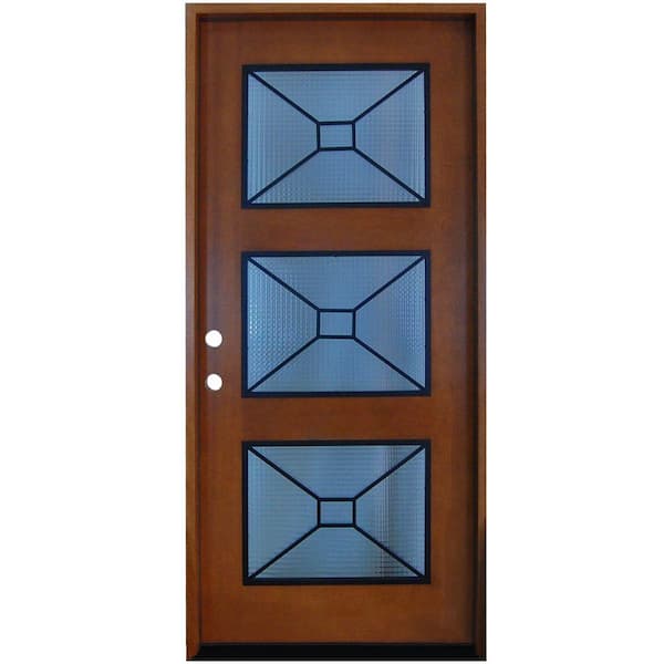 Steves & Sons 36 in. x 80 in. Modern Iron Grille 3 Lite Stained Mahogany Wood Prehung Front Door