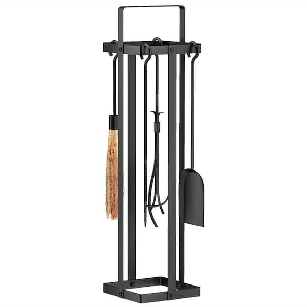 Tileon 7.9 in. x 31.5 in. Black Metal 5-Piece Fireplace Tools Set with Brush Broom, Poker, Shovel, Tongs and Stand for Chimney