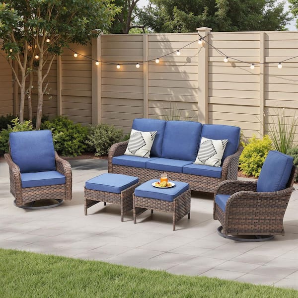 5-Piece Wicker Patio Conversation Set, Ergonomics Outdoor Chairs with Blue Cushions
