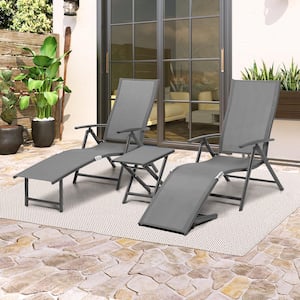 3-Piece Metal Outdoor Chaise Lounge in Gray with Side Table