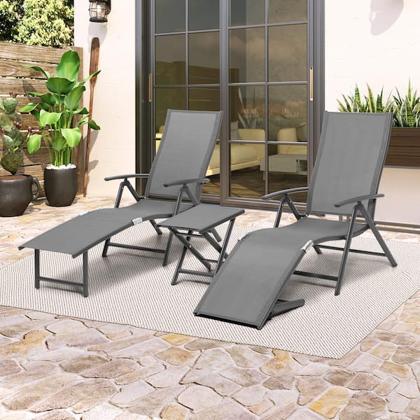 Crestlive Products 3-Piece Metal Outdoor Chaise Lounge in Gray with Side Table