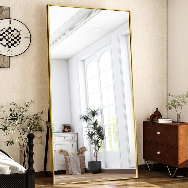 XRAMFY 33.5 in. W x 75.6 in. H Rectangular Modern Gold Aluminum Framed Full Length Mirror Wall Mirror
