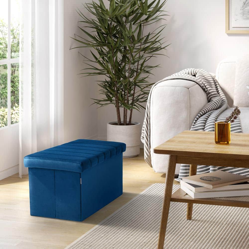 Blue Velvet Tufted Storage Trunk Ottoman, 30 Inch