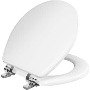 Weston Round Soft Close Enameled Wood Closed Front Toilet Seat in White Never Loosens Chrome Metal Hinge