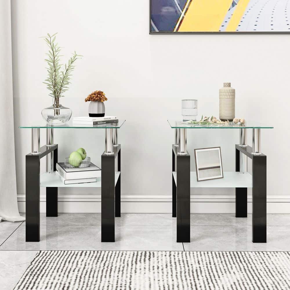 2 Piece 17.7 in. Square Clear Tempered Glass Coffee Table W/ Black Metal Legs, Lower Clear Frosted Table for Living Room price history on PriceWatchPro