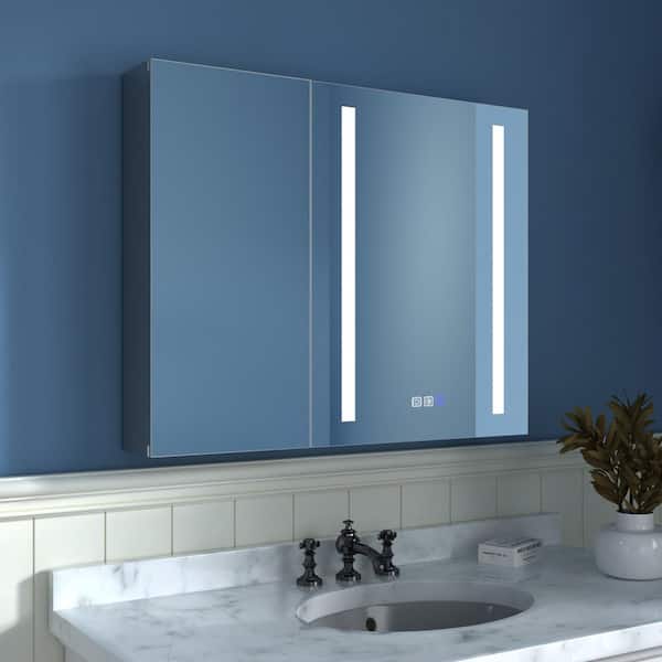 ExBrite 32 in. W x 26 in. H Rectangular Silver Aluminum Recessed/Surface Mount Medicine Cabinet with Mirror and LED
