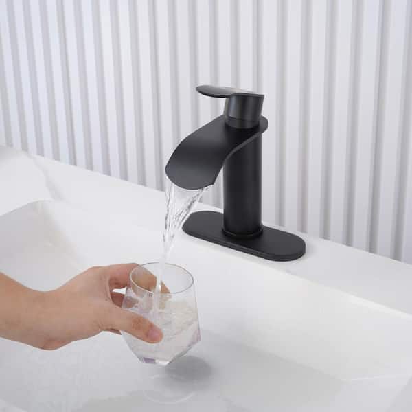 4 in. Centerset Single Handle High Arc Waterfall Bathroom Faucet with Pop Up Drain and Supply Lines in Matte Black