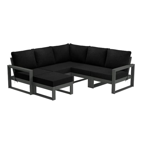 Endless Gray Frame 6-Piece HDPE Plastic Outdoor Patio Modular Sectional Ottoman Set with Black Cushions