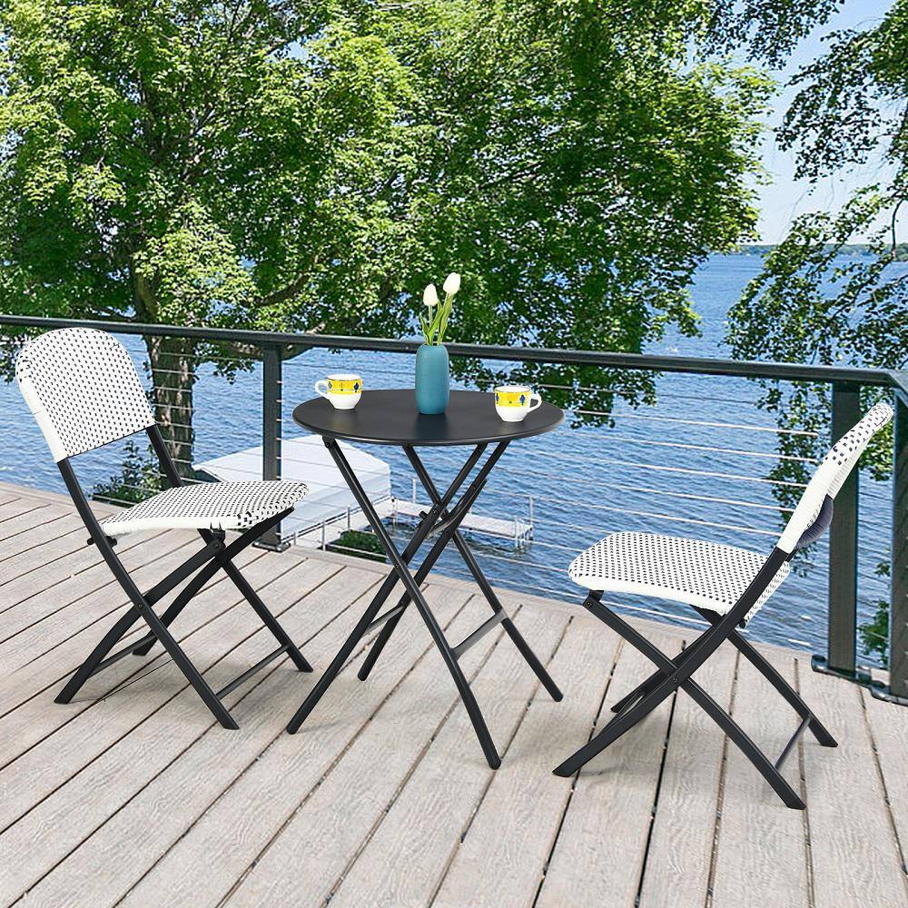 Black and White Rattan Folding Bistro Set with Round Table