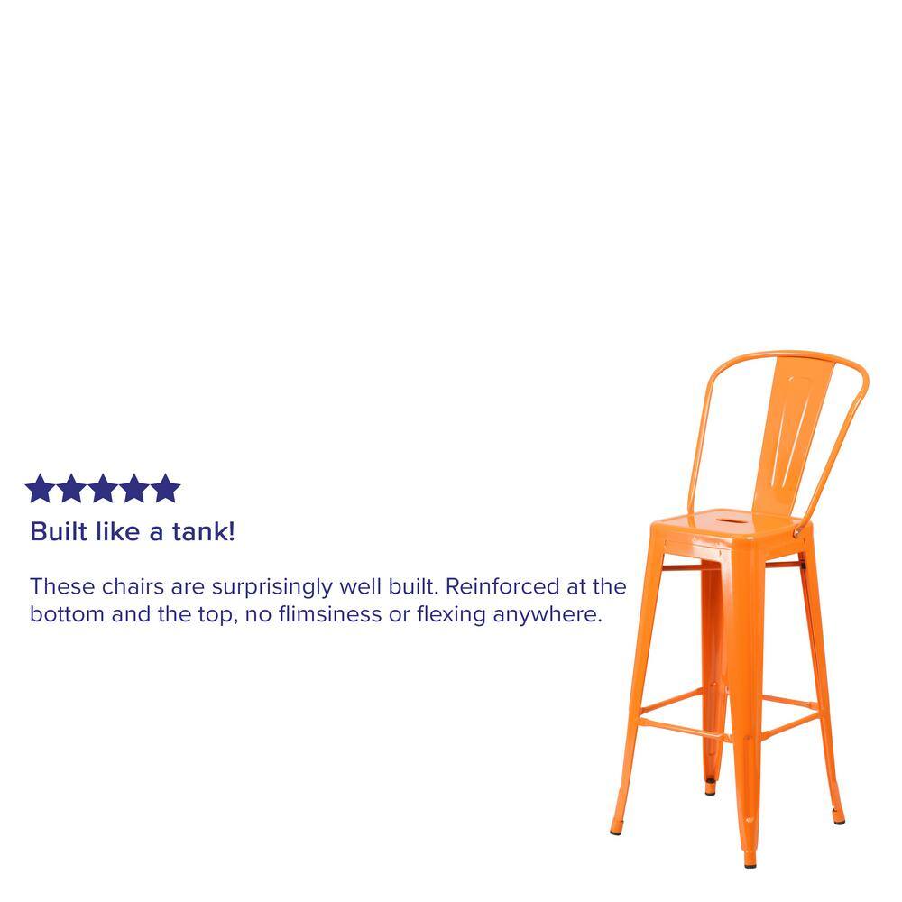 Bright Orange Metal 30" High Indoor-Outdoor Barstool with Slat Back