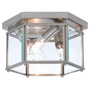 Bretton 10 in. W 3-Light Brushed Nickel Flush Mount with Clear Beveled Glass