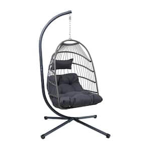 Anky 1-Person Gray Wicker Patio Swing, Outdoor Hanging Egg Chair with Stand, Patio Hammock Egg Chair with Cushions