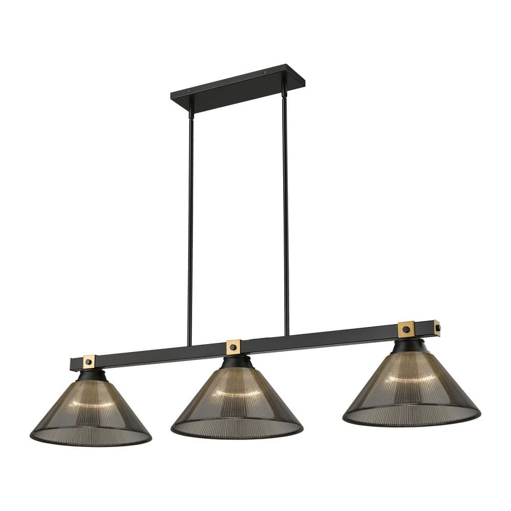 Bronte 52.75 in. Matte Black + Rubbed Brass 3 Light Billiard Light with Smo