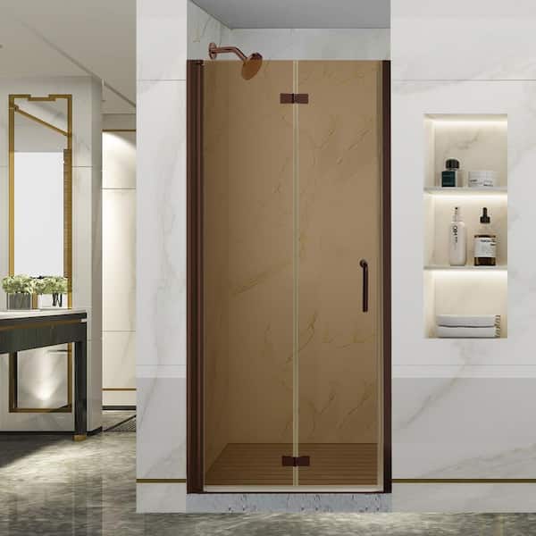 Lonni 34-35.5 in.W x 72 in.H Bi-Fold Pivot Frameless Shower Door with 1/4 in Amber Tempered Glass, Bronze Finish