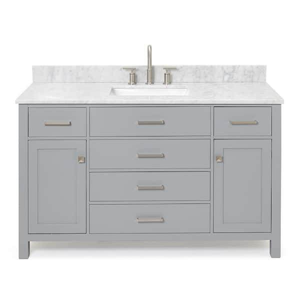 Bristol 55 in. W x 22 in. D x 35.25 in. H Freestanding Bath Vanity in Grey with White Marble Top