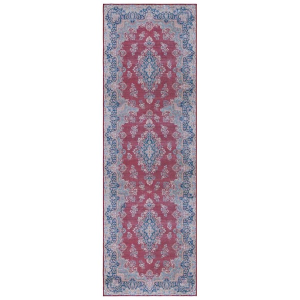 SAFAVIEH Tucson Red/Navy 3 ft. x 8 ft. Machine Washable Border Floral Runner Rug