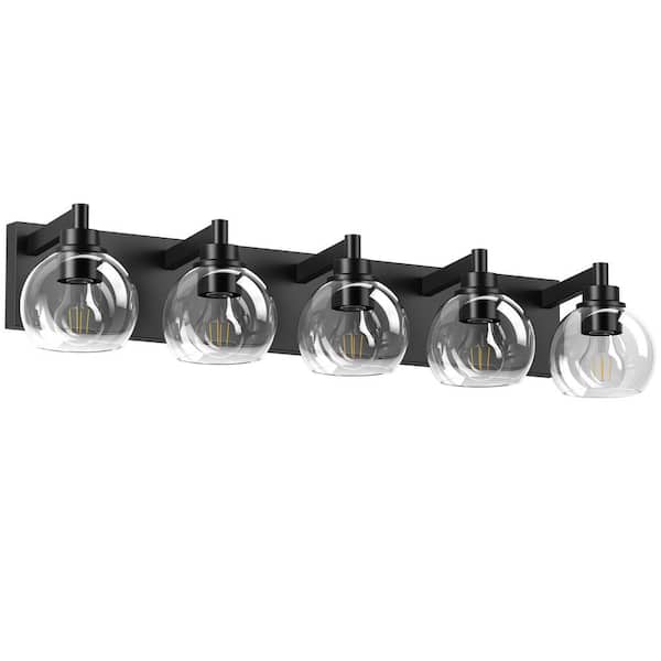 34 in. 5-Light Modern Matte Black Wall Sconce With Clear Glass Shade For Bathroom, Entryway