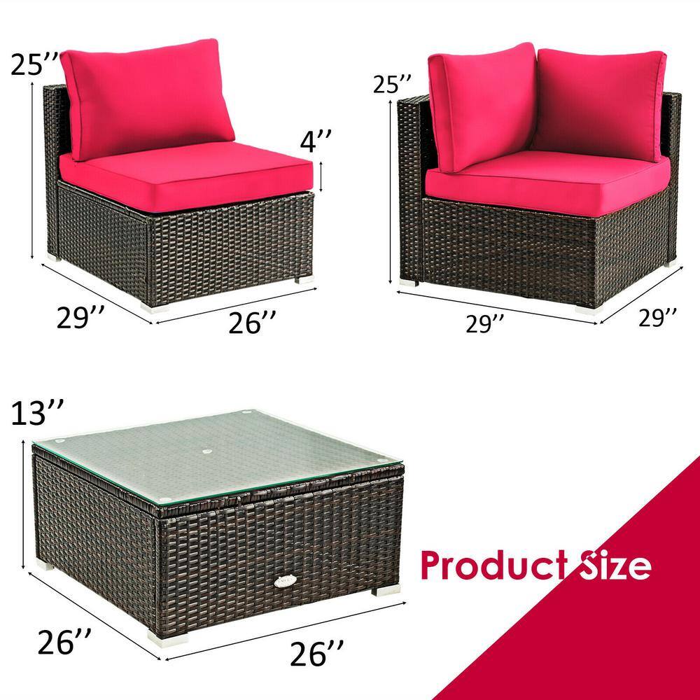 5-Piece Red Cushioned Rattan Patio Furniture Set with Ottoman