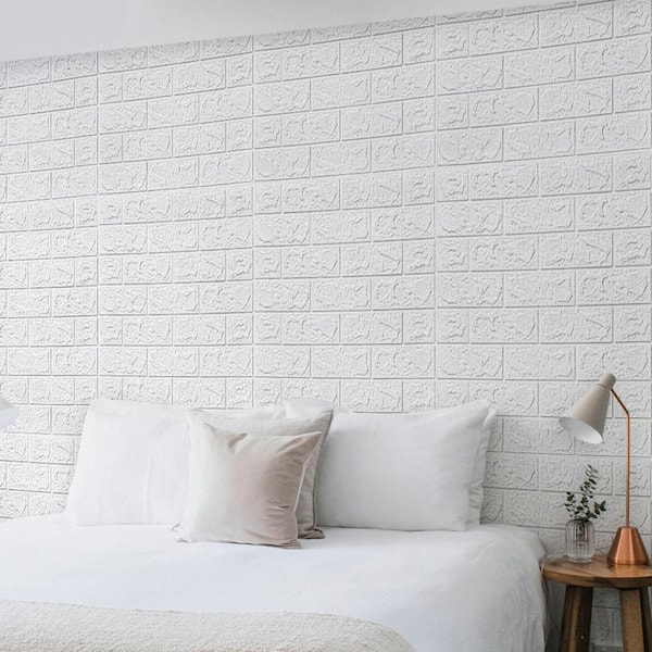 Art3d 30 Pcs Peel and Stick 3D Brick Wallpaper in White, Faux Foam Brick Wall Panels for Bedroom, Living Room(43.5Sq.Ft/Pack)