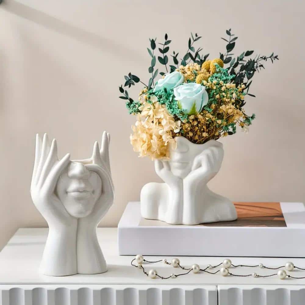 White Ceramic Face Bud Vase for Table Decor
