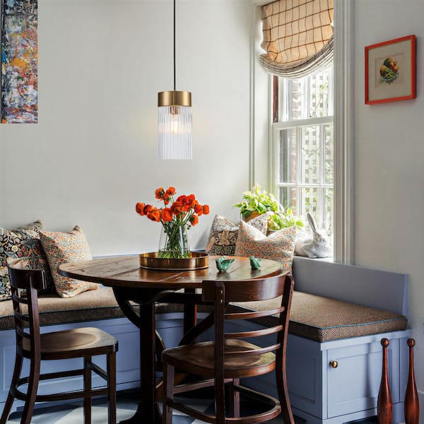 1-Light Brass Cylinder Kitchen Island Pendant Light with Ribbed Glass Shade