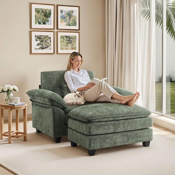 2-Piece Gray Green Chenille Fabric Upholstery Accent Chair with Ottoman 3-Layer Cushion Armchair