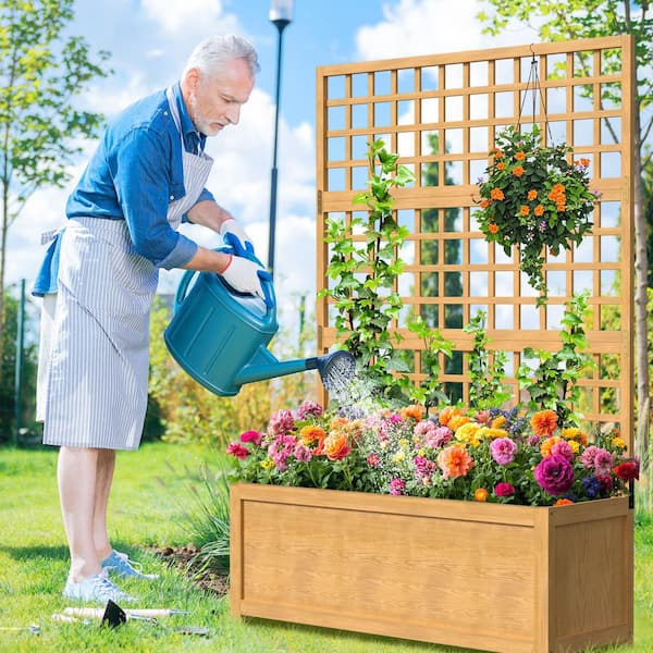 Screen Raised Garden Bed Wood Vertical Planter Box with Trellis Planter Raised Bed with Drainage Holes, Screen