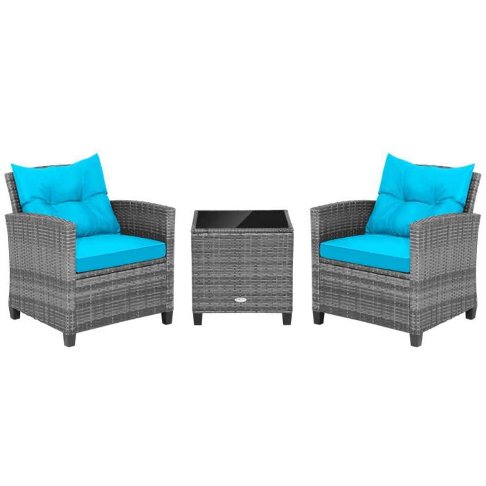 3-Piece Wicker Patio Conversation Set with Turquoise Cushions and Tempered Glass Tabletop price history on PriceWatchPro
