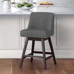 26 in. Wood 360° Free Swivel Upholstered Bar Stool with Back, Performance Fabric in Charcoal Gray