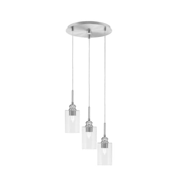 Unbranded Albany 60-Watt 14.75 in. 3 Light Nickel Shaded Pendant Light with 4 in. Clear Bubble Glass Shade, No Bulbs Included