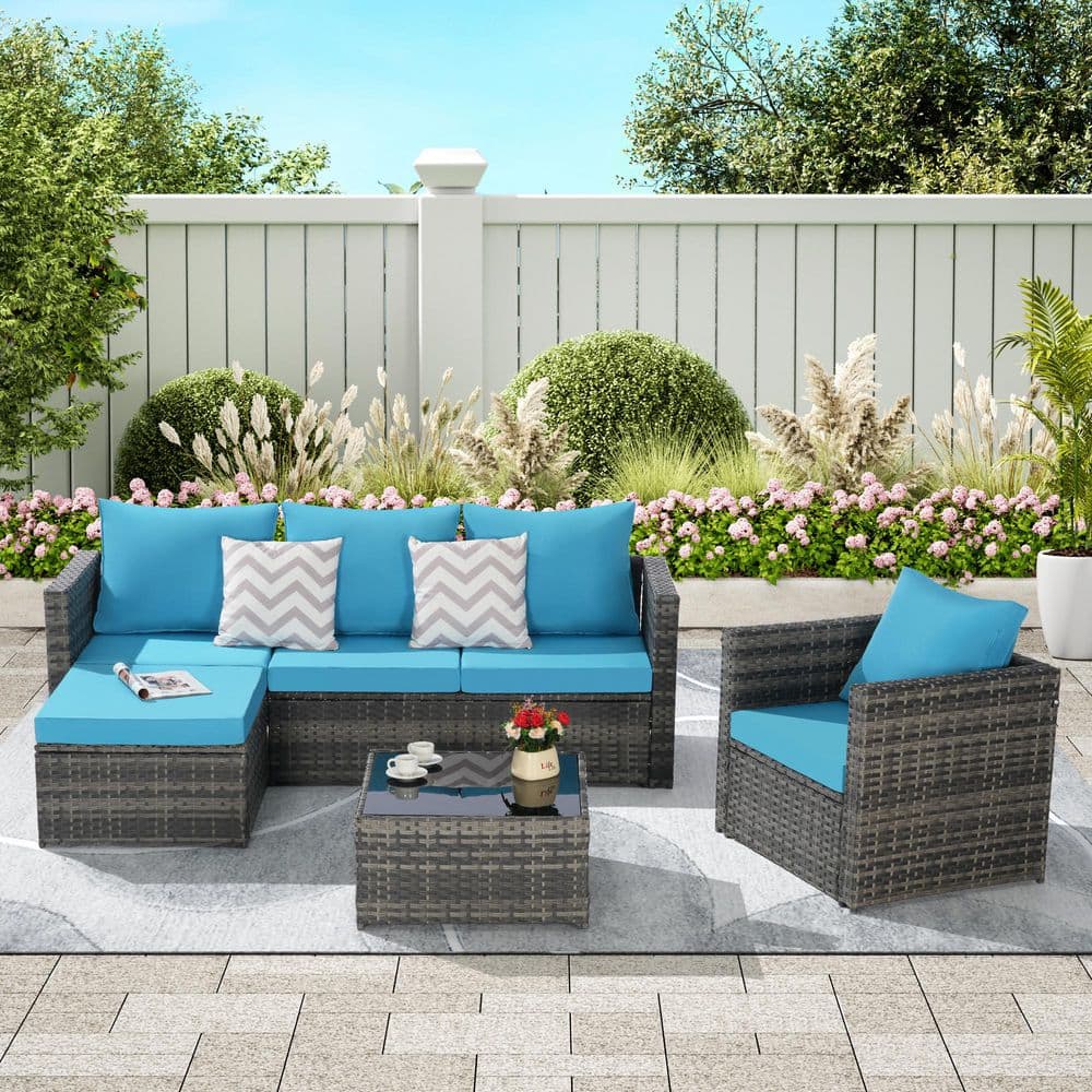 あおm ベッキー Gray 4-Piece Wicker Outdoor Patio Sectional Set, Rattan