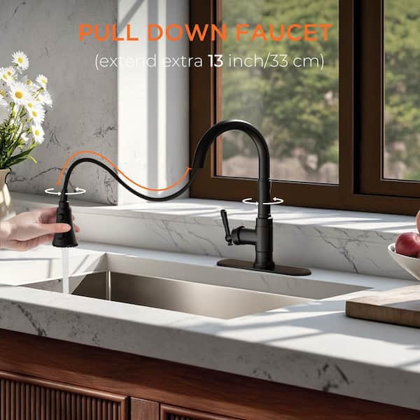 Single Handle Pull Down Sprayer Kitchen Faucet High Arc Spout with 360° Swivel in Matte Black
