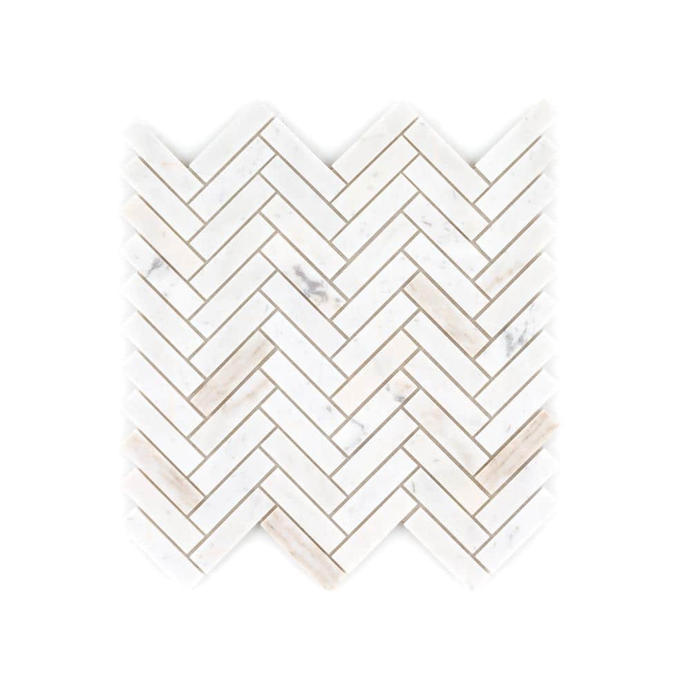 Take Home Tile Sample - Cascade Milky Veil White 4 in. x 4 in. Herringbone Honed Marble Wall and Floor Mosaic Tile price history on PriceWatchPro