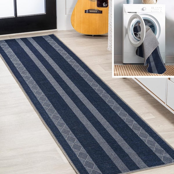 Nautisk Trellis Stripe Machine-Washable Navy/Ivory 2 ft. x 8 ft. Area Rug