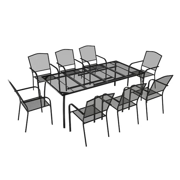 9-Piece Black Steel Mesh Patio Dining Set with 8 Ding Chairs 28.3 in. H Rectangle Table Outdoor Dining Set
