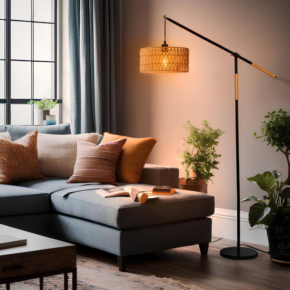 TOZING 68 in. 1-Light Black Modern Rope Adjustable Swing Arm Floor Lamp with Rattan Shade Marble Base Foot Switch for Bedroom TFLGZ03-12DYMS - The Home Depot