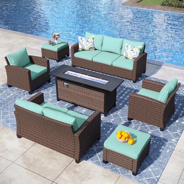 PHI VILLA Brown Rattan 9 Seat 7-Piece Steel Outdoor Fire Pit Patio Set with Blue Cushions and Rectangular Fire Pit Table