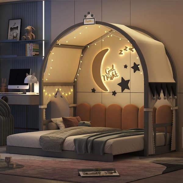 Harper & Bright Designs Gray Twin Size Expandable Kid Bed with Arched Roof, Curtains, Light Strip and Whiteboard
