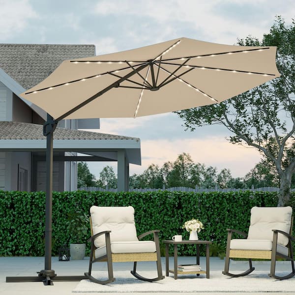 10 ft. Round Solar-Powered 360° Rotation Cantilever Offset Outdoor Patio Umbrella in Beige