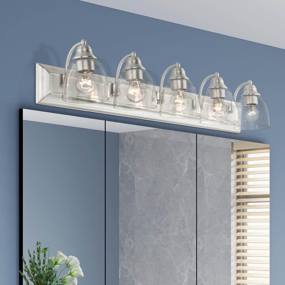 Brushed Nickel 5-Light Bathroom Vanity with Clear Glass Shades