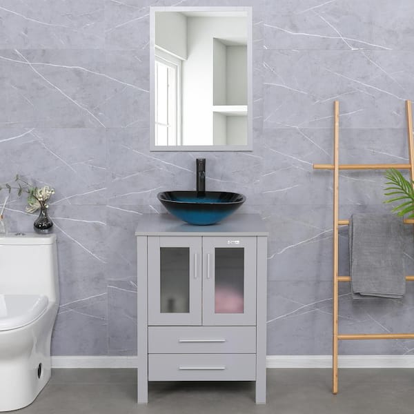 eclife 24 in. W x 20 in. D x 32 in. H Single Sink Bath Vanity in Gray with Ocean Blue Vessel Sink Top ORB Faucet and Mirror