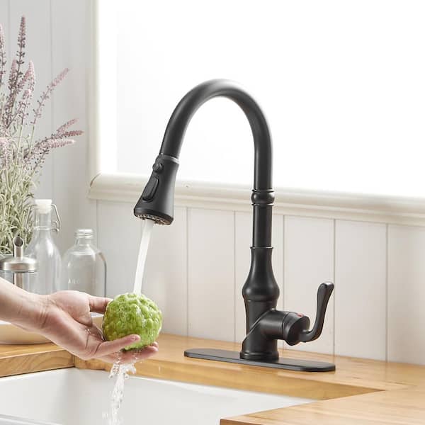 Single Handle Pull Down Sprayer Kitchen Faucet, High Arc Pull Out Kitchen Sink Faucet with Deck Plate in Matte Black