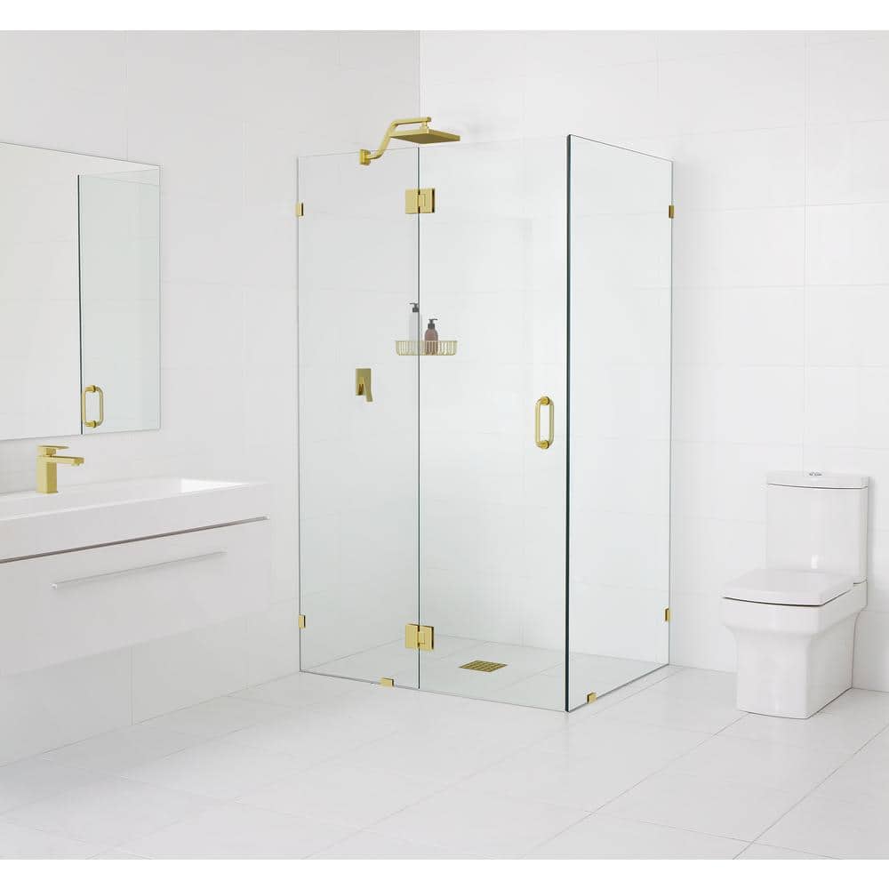 Satin Brass Frameless Glass Hinged Shower Enclosure, 78 x 38.5 in