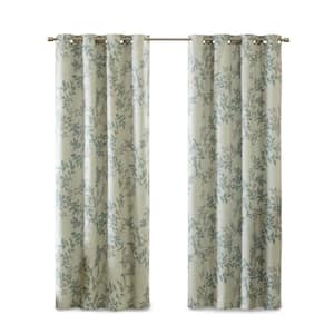 April Aqua Printed Botanical 50 in. W x 95 in. L Blackout Grommet Top Curtain