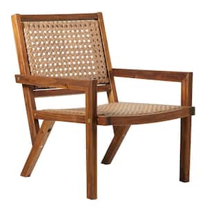 Solid Wood Outdoor Dining Chair, Rattan Outdoor Accent Chair, Lounge Chair Patio Chair for Yard And Gard in Dark Brown
